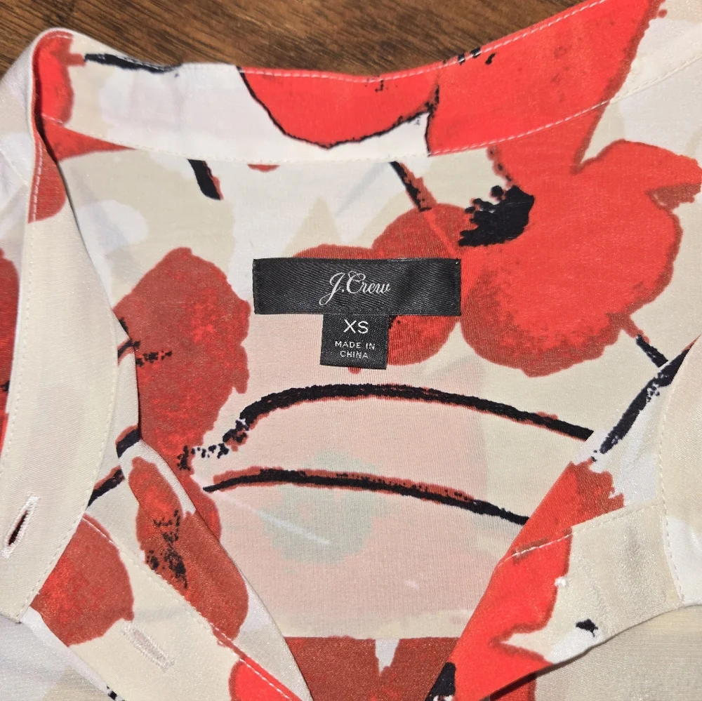 J. Crew Red Poppy Floral Long Sleeve Silk Blouse